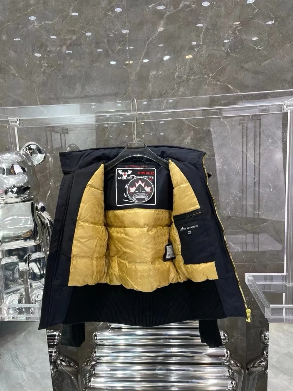 Moose Knuckles Black Hooded Puffer Jacket with Gold Lining